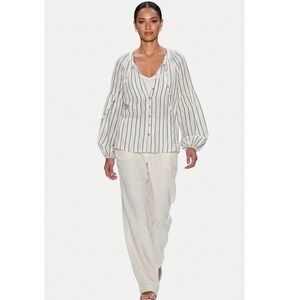 Perch by Blu Pepper Striped‎ Balloon Sleeve Tie Neck Blouse White Black 2XL